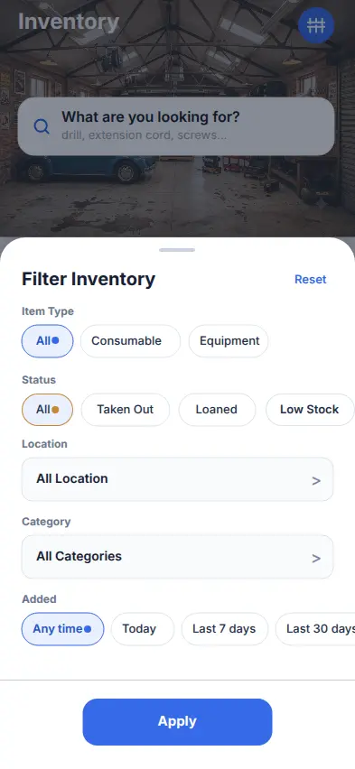 Garage Inventory filters for item type, status, location, and category