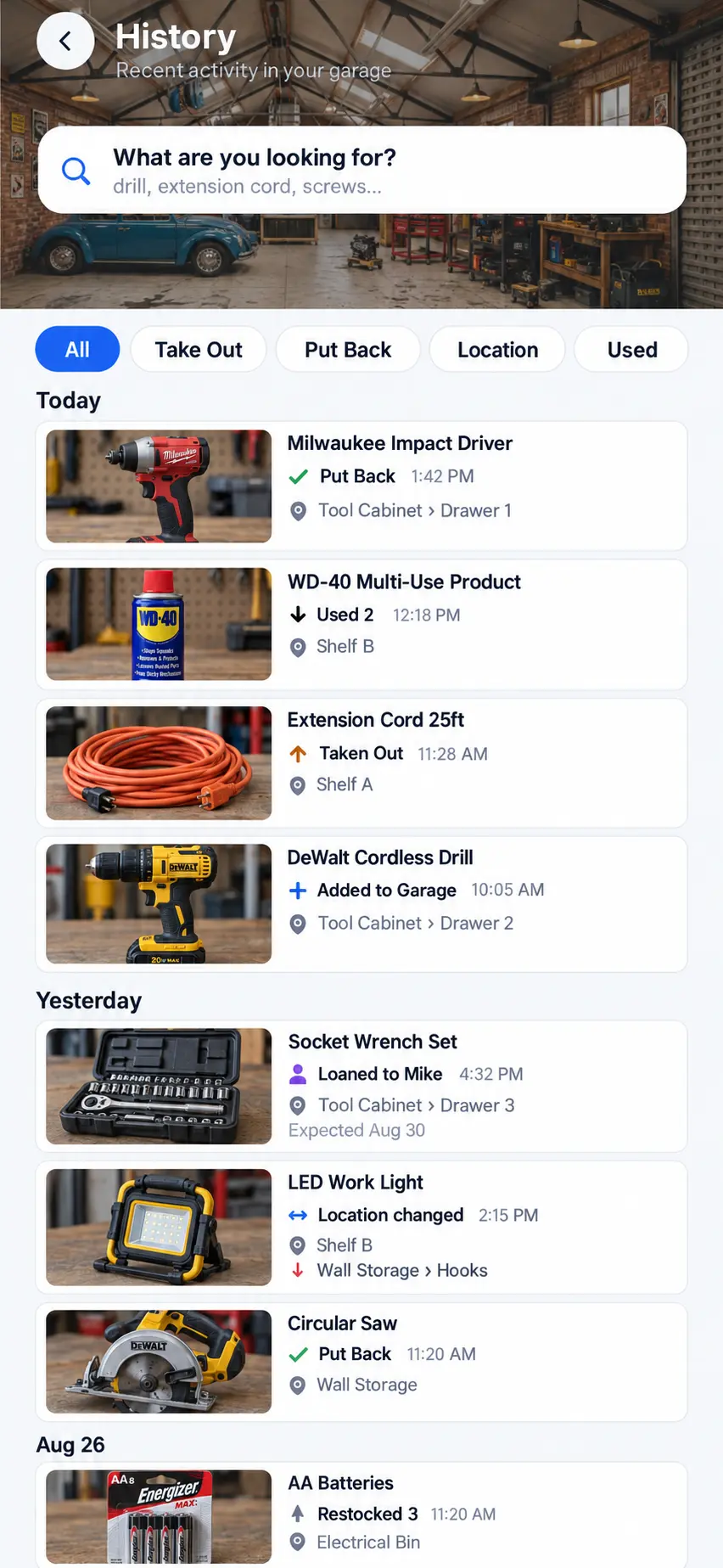 Garage Inventory history showing borrowed, moved, and returned tools