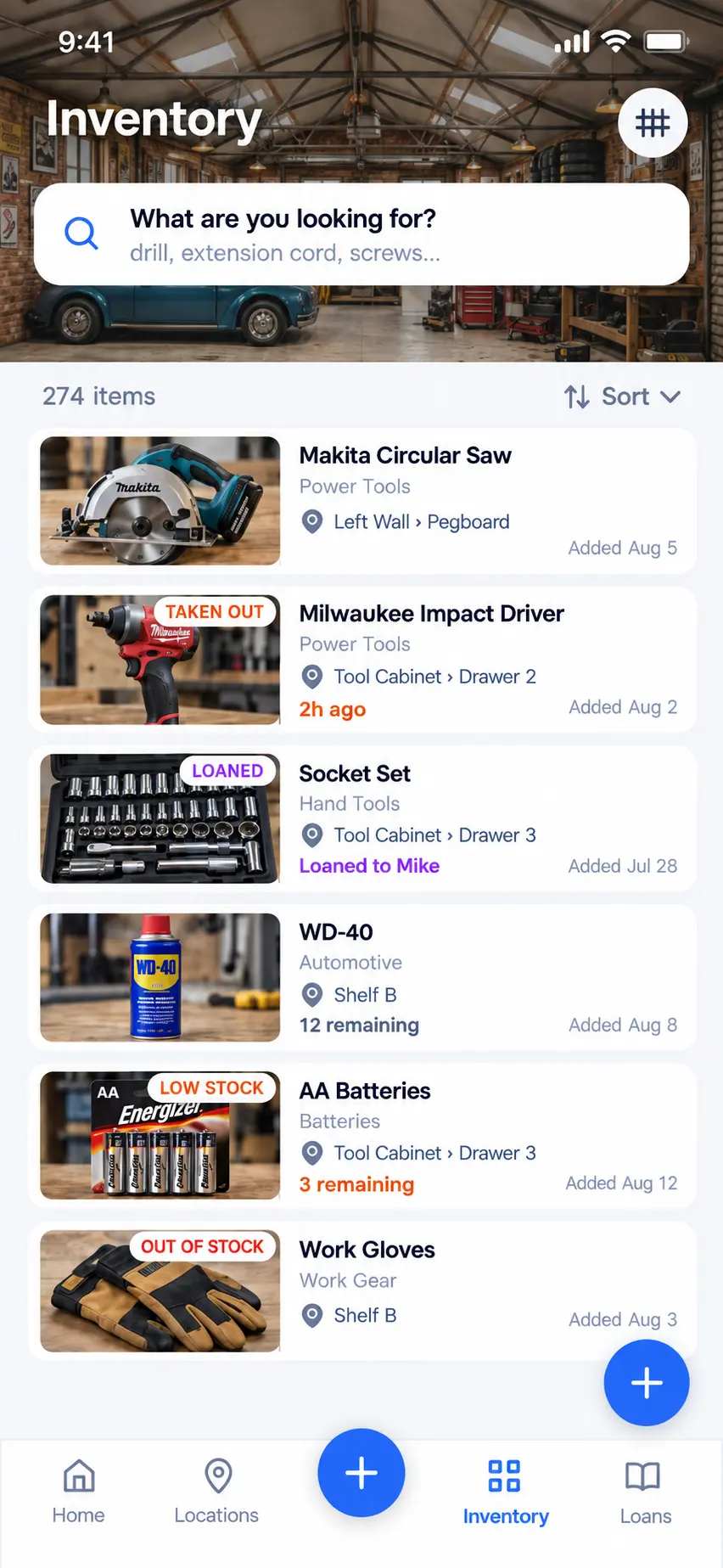 Garage Inventory tool list with item status and storage locations