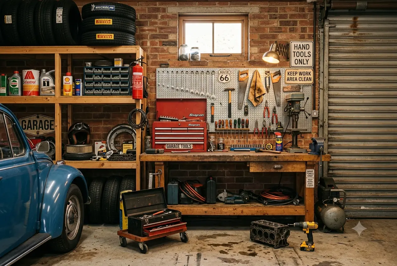 Tools arranged around a garage workbench