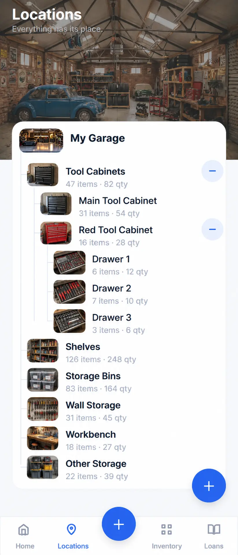 Nested garage storage locations for cabinets, shelves, drawers, and bins